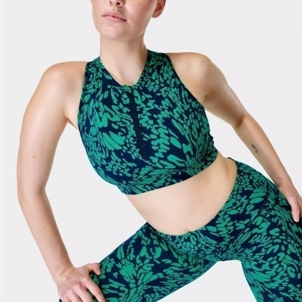 Sweaty Betty Power Contour Zip Sports Bra Blue Green Butterfly Print Size Small